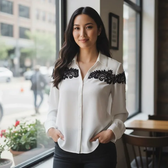 Express Portofino Ivory Button-Down Blouse with Black Lace Detail Size Medium - Picture 2 of 4